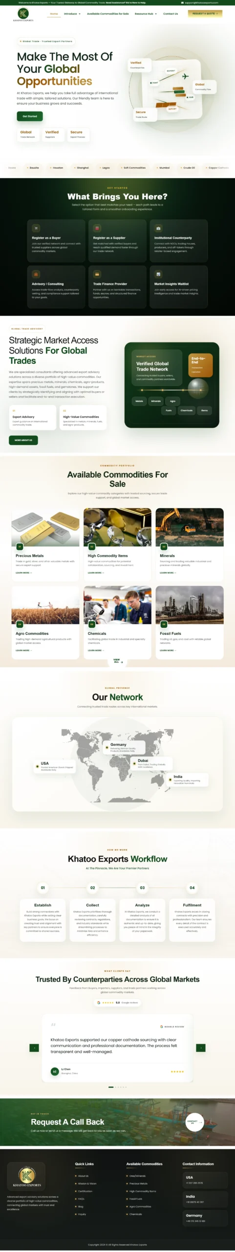 Full-page screenshot of the Khatoo Exports global commodity trading website