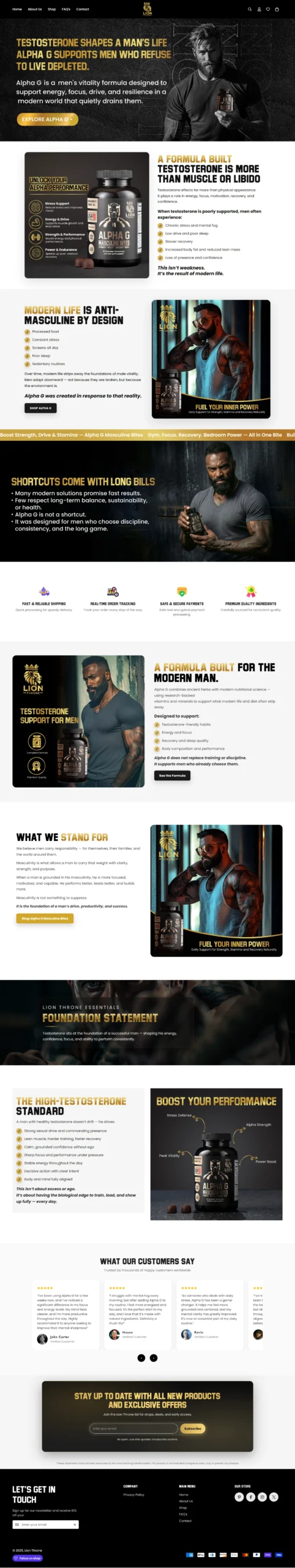 Full-page screenshot of the Lion Throne Essentials men’s wellness online store