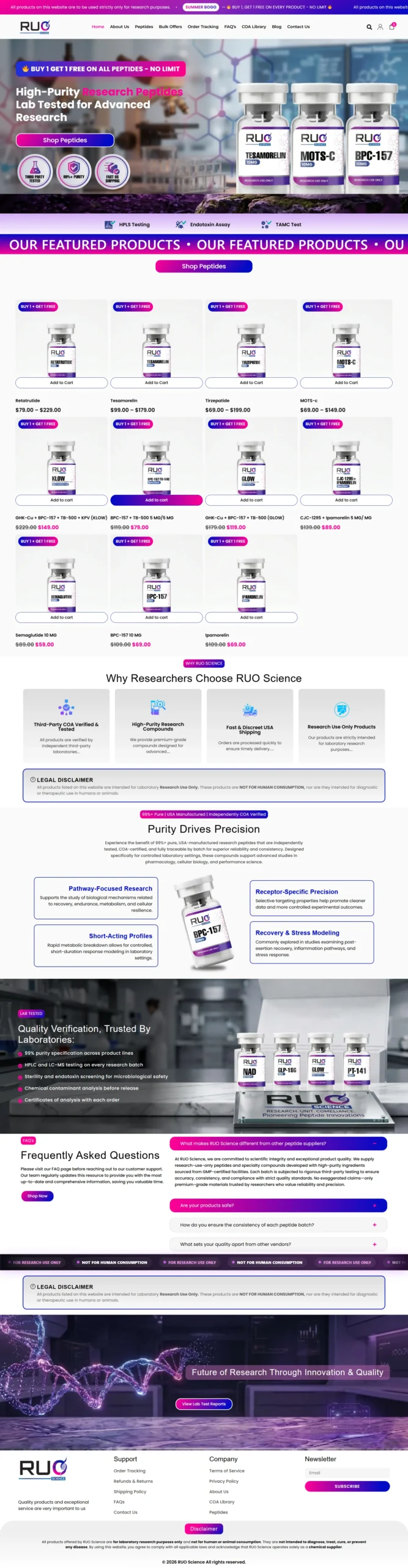 RUO Science peptide research ecommerce website screenshot