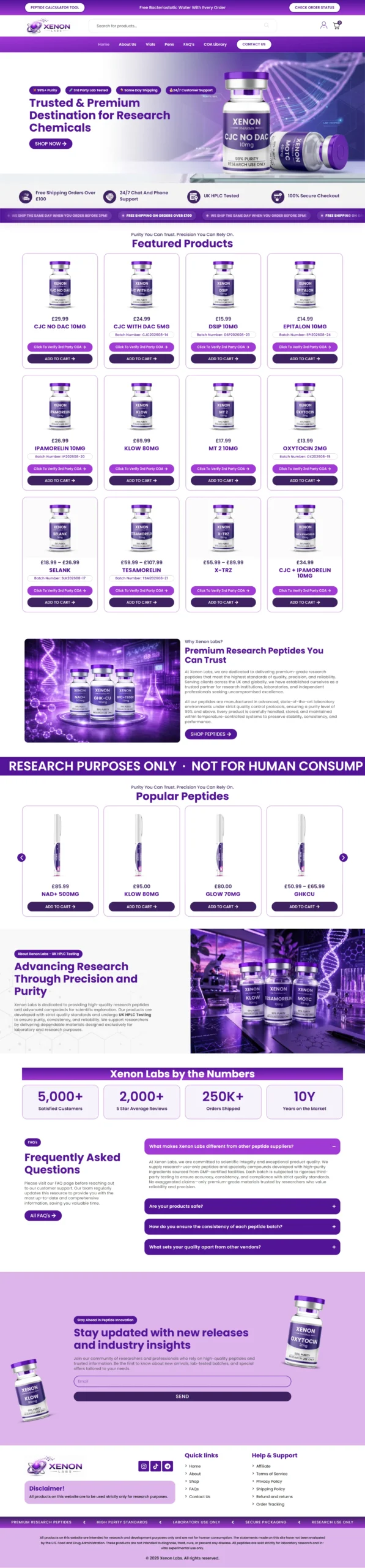 Full-page screenshot of the Xenon Labs research ecommerce website